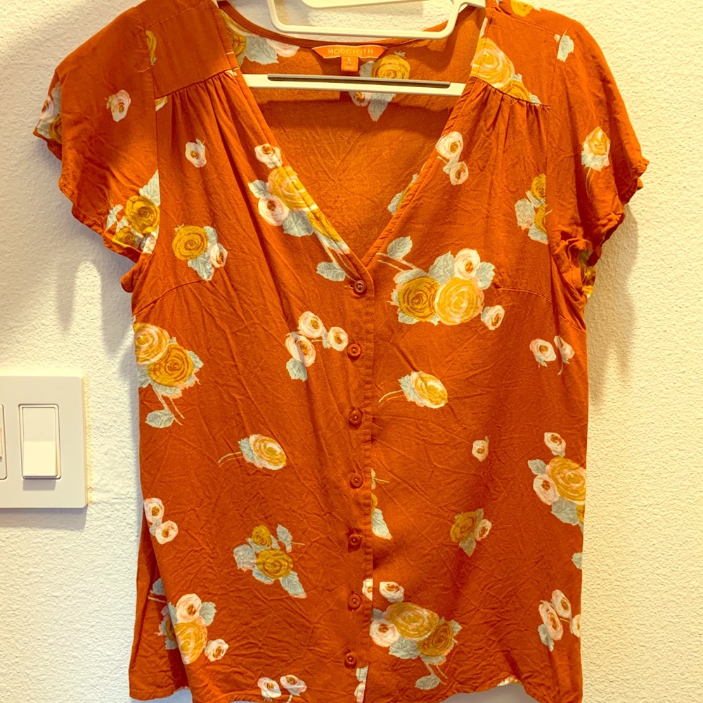 ModCloth Burnt Orange Button Down Floral Shirt